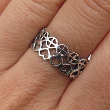 925 Sterling Silver Vintage Heart  Cross All Around Band Ring Size 8.25