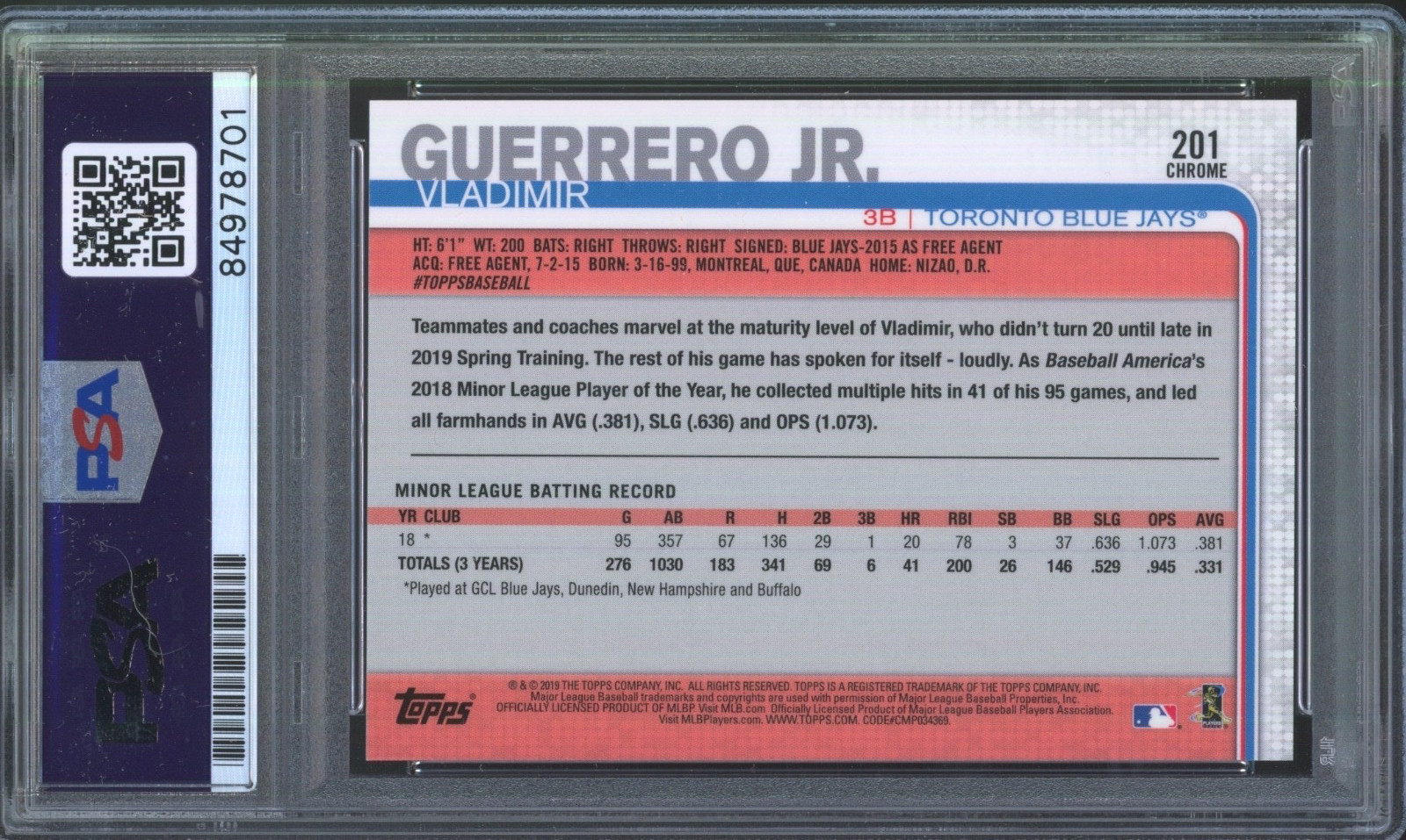2019 Topps Chrome #201 Vladimir Guerrero Jr. RC Rookie PSA DNA Authentic Auto view 2