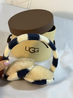 UGG Australia Knit Shearling Earmuffs Navy Ivory Winter Ear Warmers w/ Box