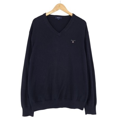 GANT Herren Pullover Sweater V-Neck Langarm Schwarz Baumwolle Größe L