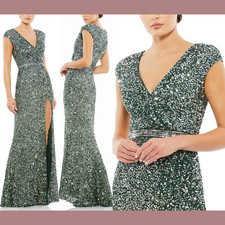 NWT Mac Duggal [ 12 ] 5489 Cap Sleeve Sequined High Slit Gown Forest Green S783