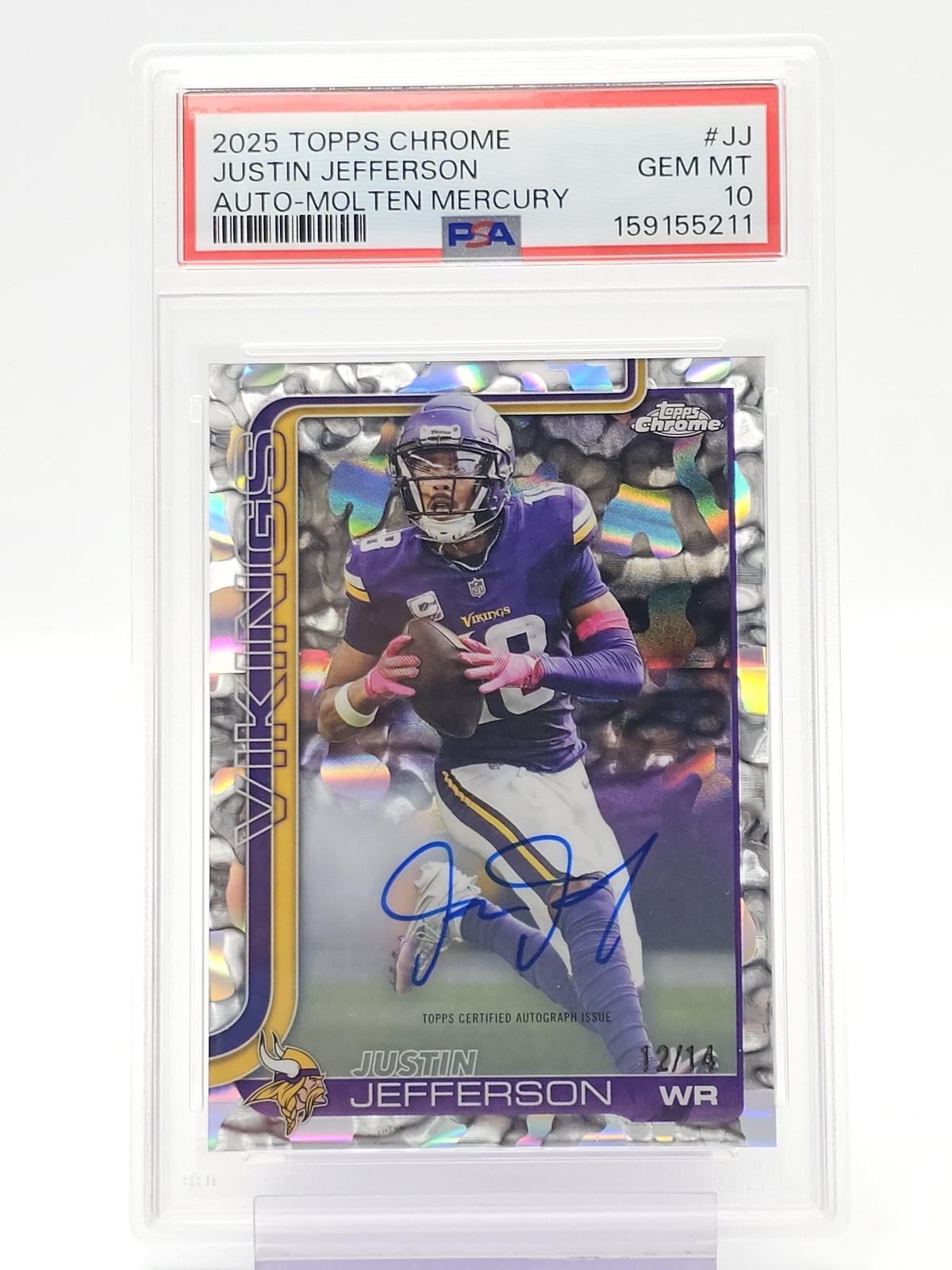JUSTIN JEFFERSON 2025 TOPPS CHROME FIRST DAY ISSUE AUTO /14 #JJ PSA 10 Q4078 view 1