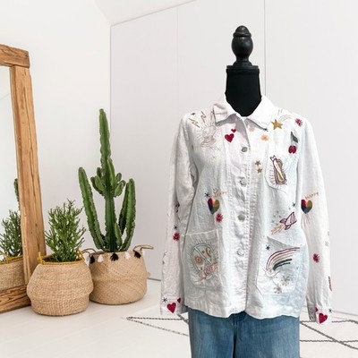 Johnny Was Workshop Women's XS Odine Mystical New Age Worker Linen Jacket White
