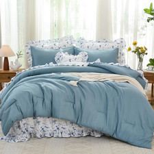Farmhouse Queen Comforter Set, 8 Pieces with Floral Ruffle Pillows  Sheets