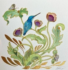 Hummingbird Original Painting poppies floral NEW artwork cottage decor wall art