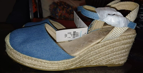 Damen Weite Passform Blau Denim Espadrille Sommer Keilabsatz Canvas Schuhe Größe 6 Neu Etikett