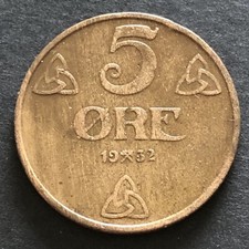 NORWAY 1932-5 ORE COIN-THREE ORNAMENTAL ROSES - KING HAAKON VII - LOW MINTAGE