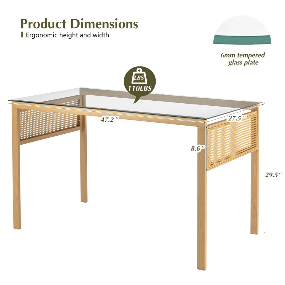 Mesa de comedor moderna de ratán mesa de vidrio templado, patas de metal muebles de cocina Foto 2 de 4