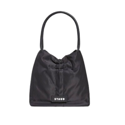 STAUD Felix Shoulder Bag Nylon Leather Trimmed Ruched Shell Tote Logo Zip Pocket