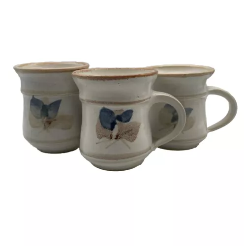 Unique Pottery Mugs Floral Leaf Glazed Blue And Brown Set of 3 Each Unique
