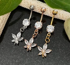 1pc Marquise Cut CZ Gem Flower Dangle Surgical Steel Belly Ring Navel Naval