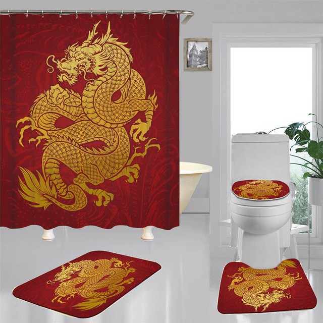 Oriental Golden Dragon Bath Mat Toilet Cover Rugs Shower Curtain
