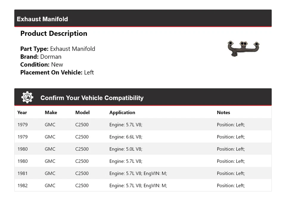 Colector de escape izquierdo para GMC C2500 1979-1982 Dorman 1980 1981 Foto 2 de 4