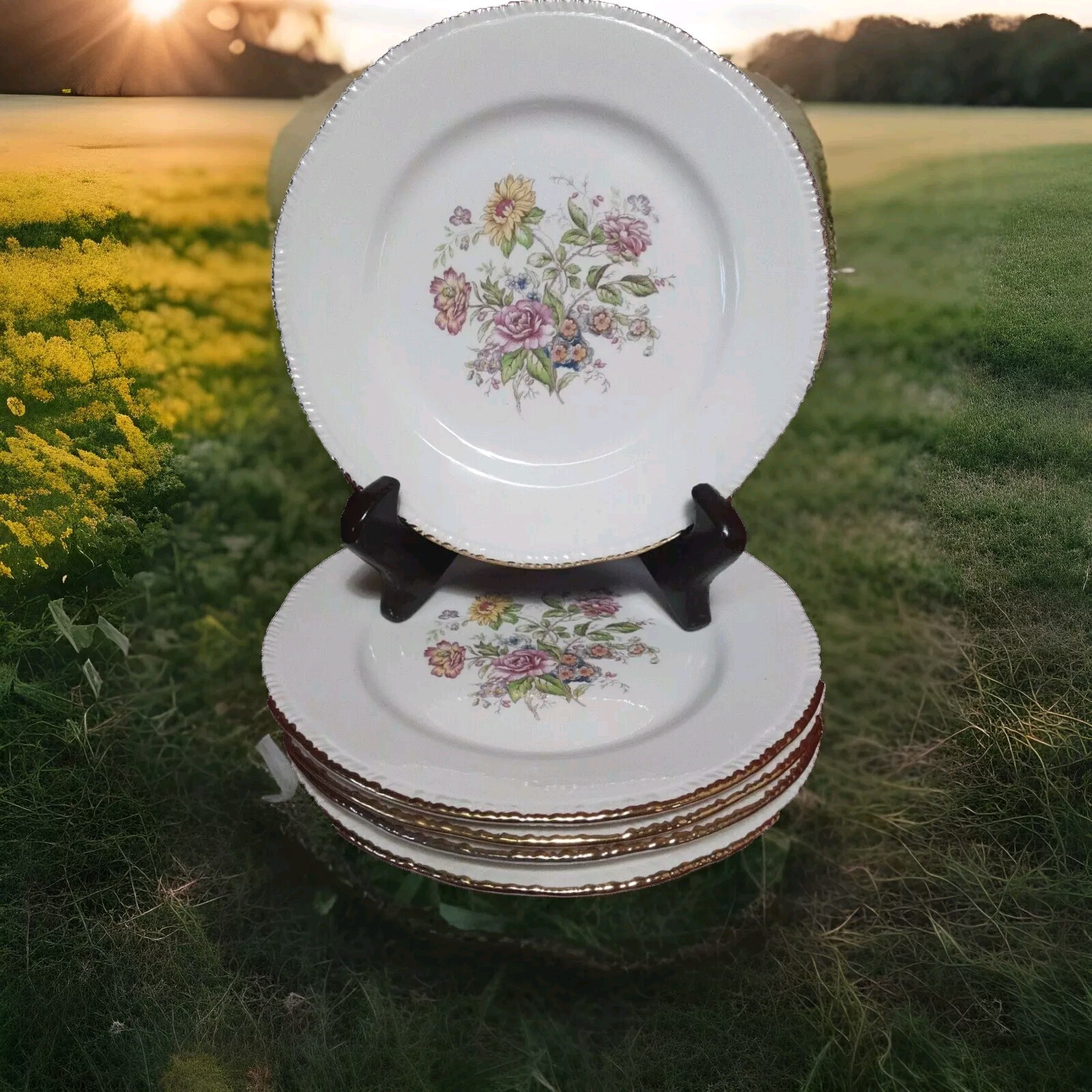 5 Cunningham&Pickett  Homer Laughlin Floral 22KtGold Greenbriar Salad Plate 7.25