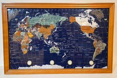 BLUE LAPIS GEMSTONE MAP WORLD CLOCK 15.5x24.5in REAL STONE BOARD FRAMED PICTURE