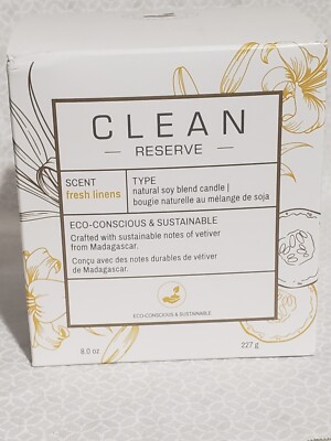 CLEAN RESERVE. Soy Blend Natural Candle. Fresh Linens Scent. NIB SEALED 8.0 oz