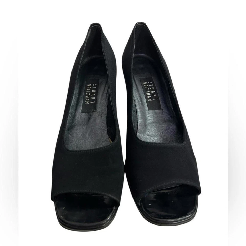 Stuart Weitzman l Vintage Años 90 Charol/Tela Peep Toe Gatito Tacones 9.5 Foto 3 de 4