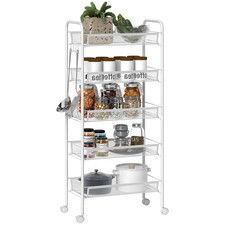 5 Tier Rolling Utility Cart Storage Trolley Mesh Baskets Kitchen Bathroom White