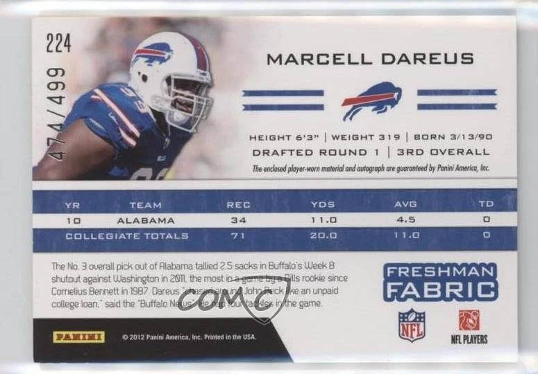 2011 Totally Certified Freshman Fabric Blue /499 Marcell Dareus Rookie Auto RC - Image 2 of 2