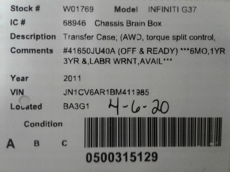 Estuche de transferencia TCCM módulo de computadora 2011 INFINITI G37 41650JU40A Foto 3 de 4