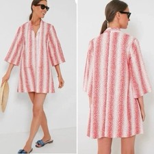 TuckerNuck Women’s Cotton Tunic Dress Red White Print Size L Bell Sleeve NWOT