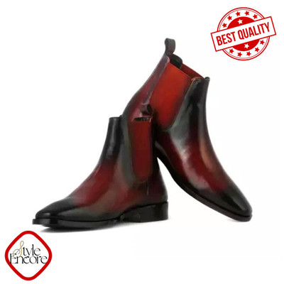 Men s Burgundy Black Burnished Chelsea Boots   Designer Men Boots Wedding Styles