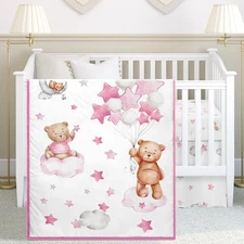 3 Pcs Cloud Balloon Bear Theme Crib Bedding Set for Boys Baby Nursery Mini Be...