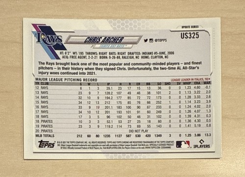 CHRIS ARCHER - 2021 Topps Chrome Update SAPPHIRE #US325 - TAMPA BAY RAYS - Picture 2 of 2