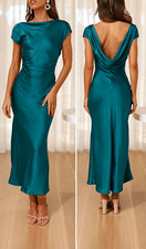 GMETTOEY Women’s teal Satin Midi Dress, Cowl Neck Draped Strappy, XL