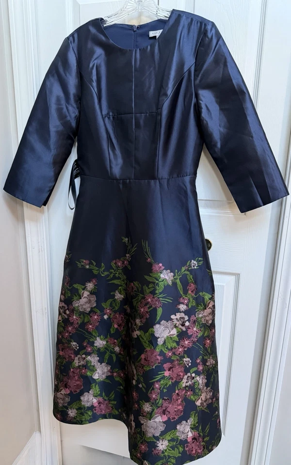 $398 Vestido Kay Unger Talla 8 Claudette Floral Jacquard Midi Oscuro Crepúsculo Multi Foto 2 de 4