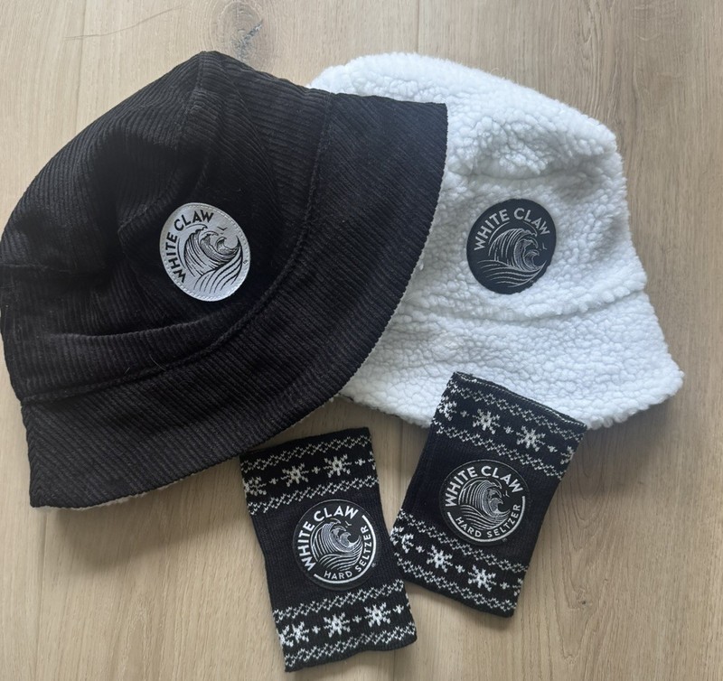 White Claw Seltzer 2 Bucket Hats Reversible White Corduroy/Faux Sherpa, koozies