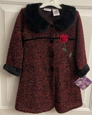 Blueberi Boulevard Girls Coat Jacket Red Floral Black Faux Fur Collar  Cuff 4T