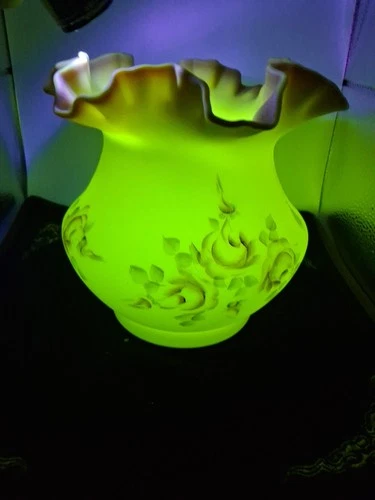 Vintage Fenton Uranium Glass Burmese Vase Hand Painted Rose Floral