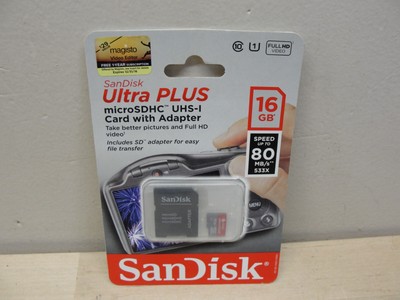 NEW SANDISK ULTRA PLUS MICRO SDHC UHS-I CARD W/ ADAPTER 16GB