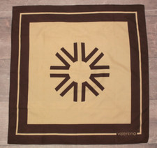 VTG 60s 70s Brown Tan Valentino "V" Circle Logo Silk Scarf Hand Rolled