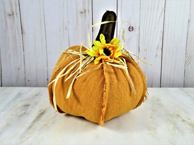 Orange Soft Canvas Fabric Pumpkin Handcrafted Flower & Raffia Trim Felt Stem New