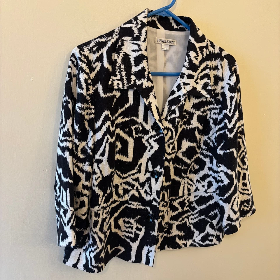 Blazer Pendleton Mujer Talla Grande 3 Botones Blanco y Negro Estampado Geométrico Divertido Foto 3 de 4
