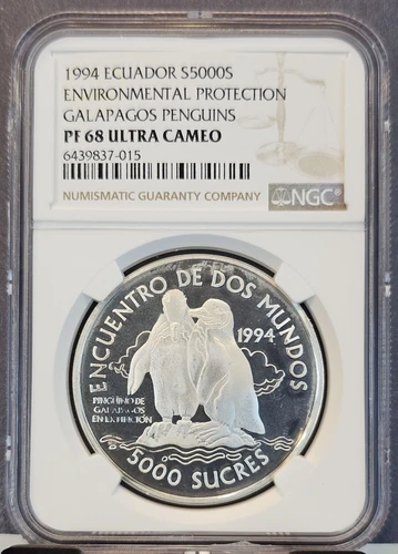 1994 ECUADOR SILVER 5000 SUCRES GALAPAGOS PENGUINS NGC PF 68 ULTRA CAMEO RARE