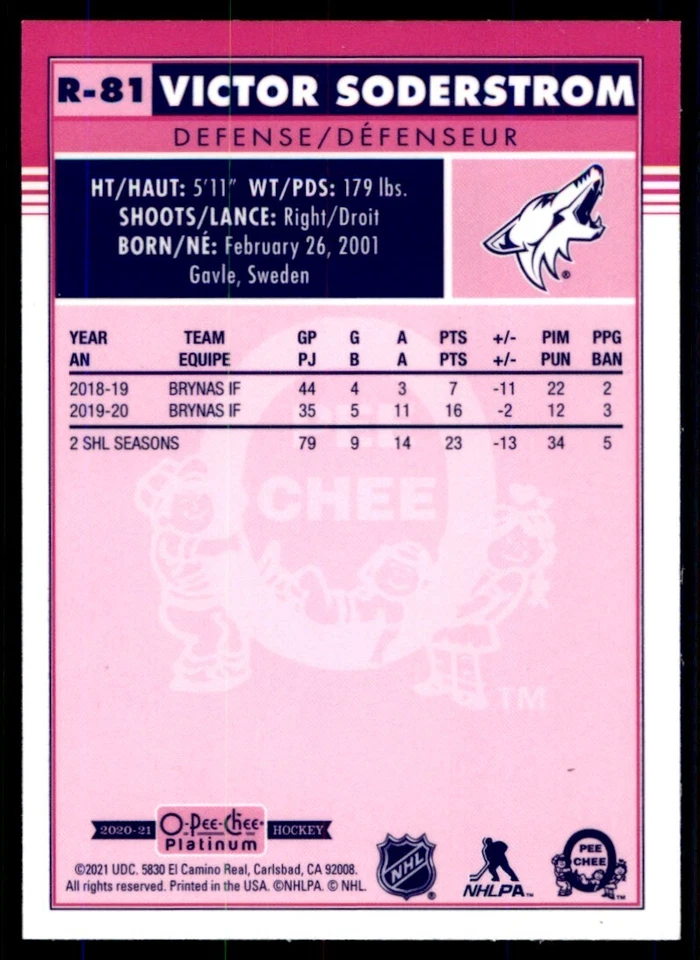 2020-21 O-Pee-Chee Platinum Retro Victor Soderstrom Arizona Coyotes #R-81 - Image 2 of 2