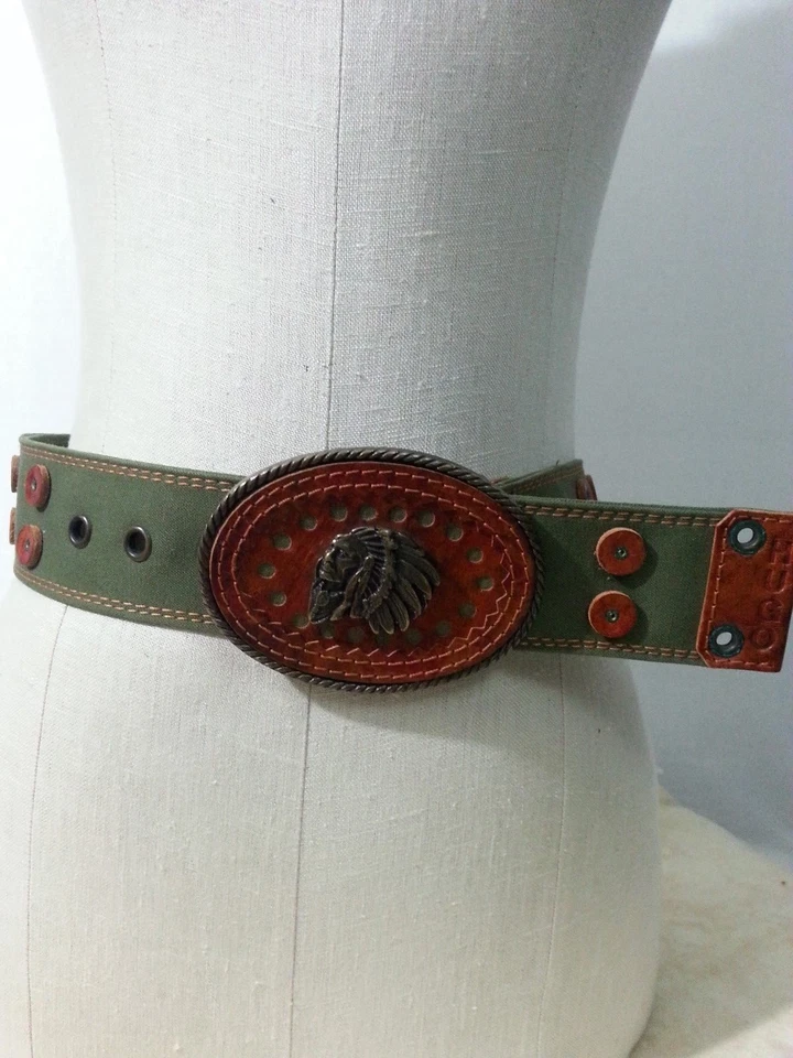De colección Caqui Verde Lona y Cuero Tooled Hebilla Jefe Indio Western Hugo 26" Foto 4 de 4