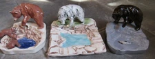 3 Vintage Bear Catching Salmon Cubs Ceramic Ashtray LOT Grizzly Fishing Cigar 