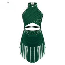 Kids Girls Shiny Dance Costume Halter Cutout Backless Dress Ballet Leotard