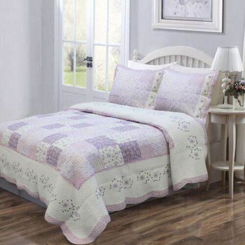 NEW! ~ COZY CHIC COUNTRY WHITE LILAC LAVENDER GREEN FLOWER PATCHWORK QUILT SET