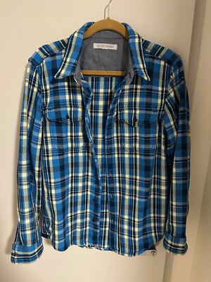 OUTERKNOW Blanket Shirt Blue Yellow Plaid 100% Organic Cotton Men's SMALL