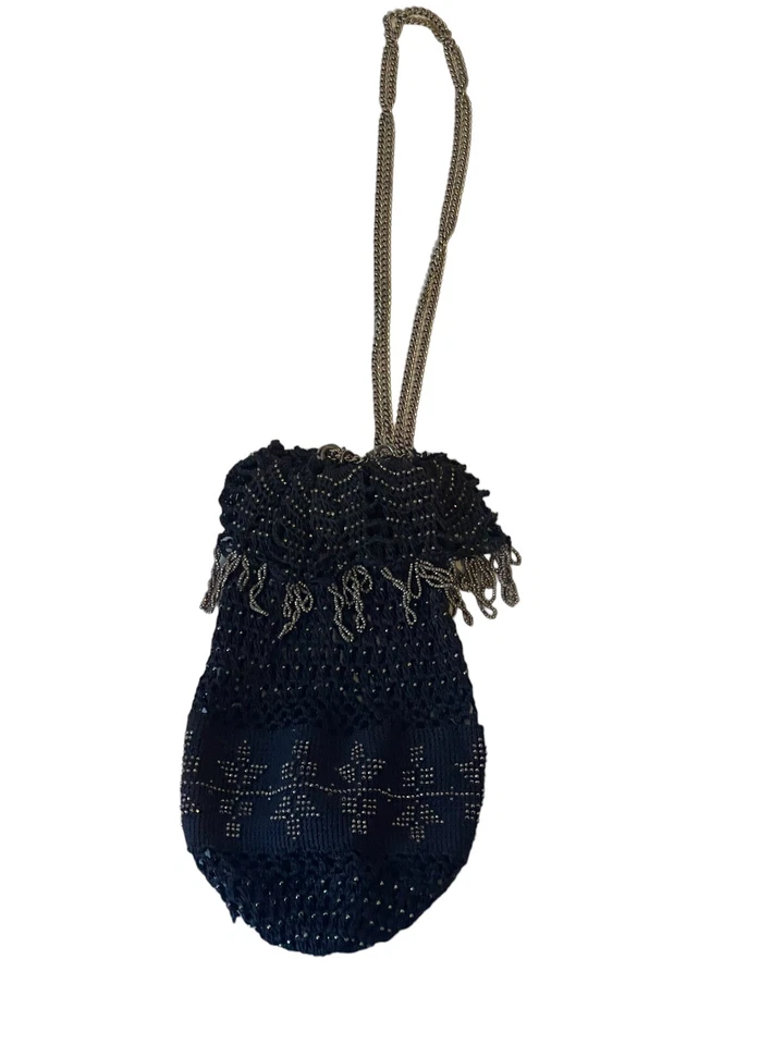 Cartera vintage Art Deco con borla de micro cuentas de metal de ganchillo negro Foto 3 de 4