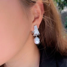 Women Silver Plated Cubic Zirconia Long Drop Pearl Dangle Earrings Party Jewelry