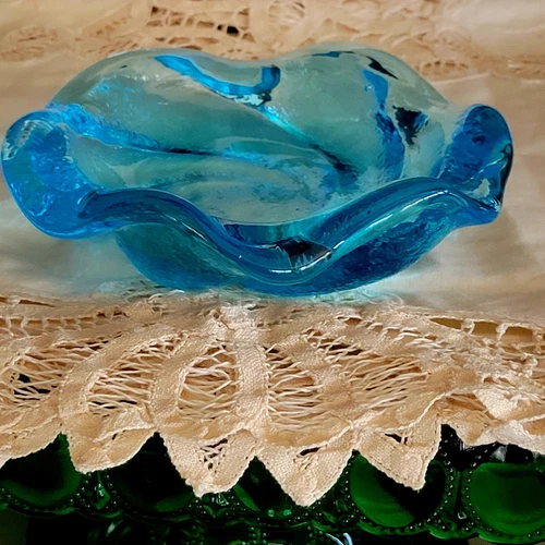 Fenton MCM Vtg Cobalt Blue Heavy Art Glass Texture Swirl Dish Candy Ashtray 5.5"