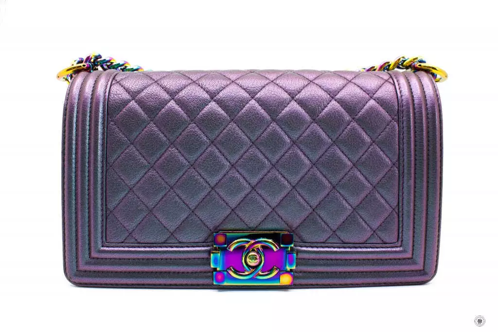 Used Chanel A67086 Boy Rainbow Iridescent Purple Calfskin Medium Shoulder  Bags A