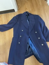 Men's Navy Blue Double Breasted Overcoat with Notch Collar and Button Accents