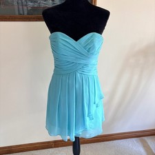 Davids Bridal Pool Blue Strapless Chiffon Mini Dress Sweetheart Pleated Size 4